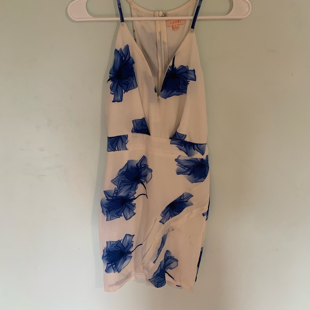 white and blue watercolor floral mini dress